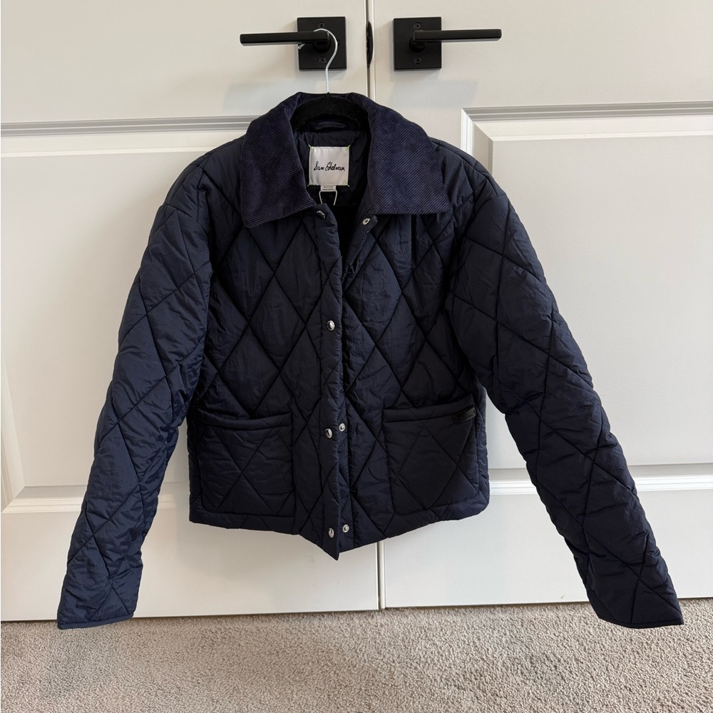 Sam Edelman Navy Quilted Puffer Jacket with Corduroy Collar